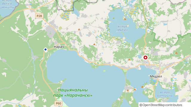 Карта: Мядзельская кальварыя (инфоцентр) на Нарочи и наши домики в Урликах